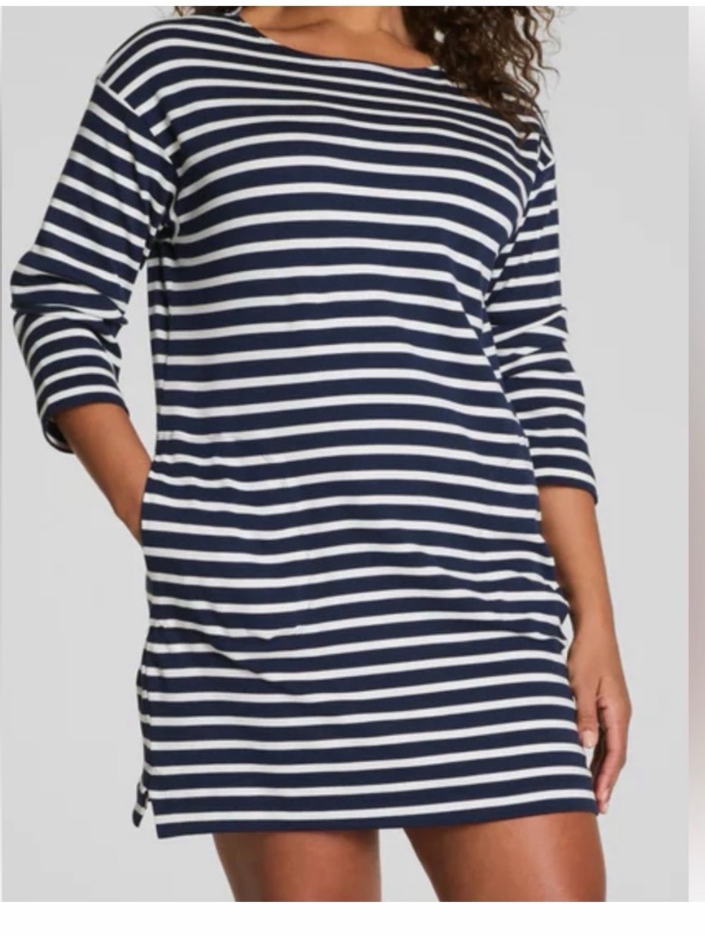 New with tags Spanx cotton boatneck Navy & White Striped Women’s mini dress - Picture 2 of 9